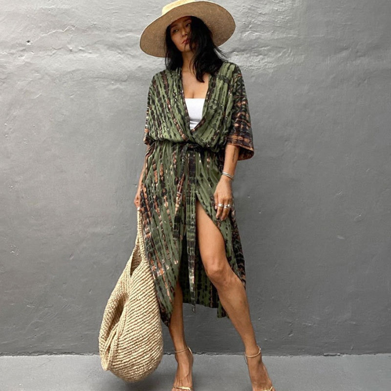 Summer Beach Cover Ups Vintage Printed Belted Kimono Swimwear Long Cardigan Casual Loose Beachwear Outfits Swimsuit Covers Robe