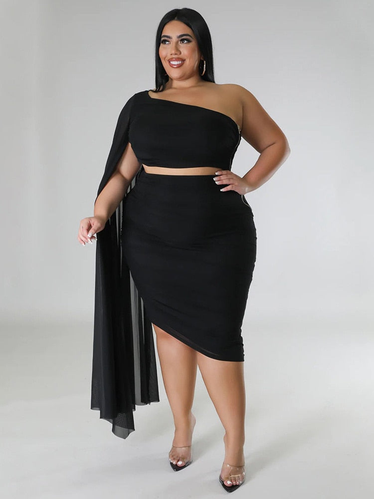 Wmstar Plus Size  New In Matching Sets Two Piece Outfits Summer Single Sleeve Crop Top and Skirts  Sexy Wholesale Dropshipping