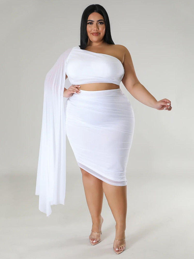 Wmstar Plus Size  New In Matching Sets Two Piece Outfits Summer Single Sleeve Crop Top and Skirts  Sexy Wholesale Dropshipping