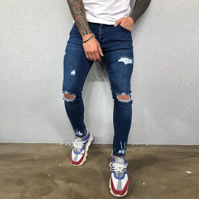 2023 New Mens Jeans Hip Hop White Moto Skinny Ripped Pure Color Elastic Denim Pants Male Casual Waistline Jogging Pencil Pants