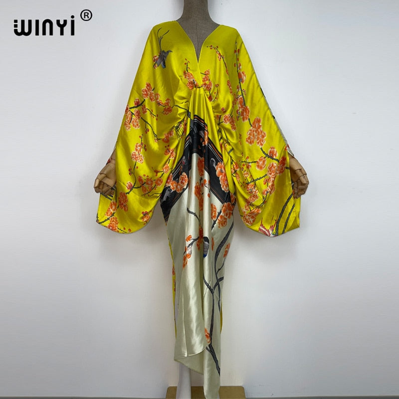 WINYI New Fashion Bohemian Deep V-neck Floral europea For Lady Free Size Loose Batwing Holiday Beach cover up Party Kaftan Dress