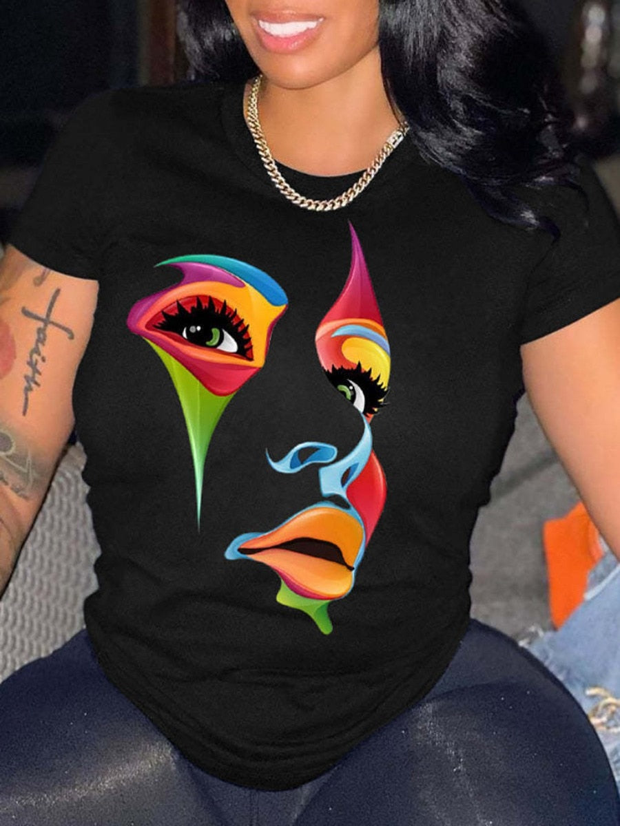 LW Plus Size Woman Clothes Gradient Queen Rainbow Letter Print Round Neck Short Sleeve Casual Black T-shirt