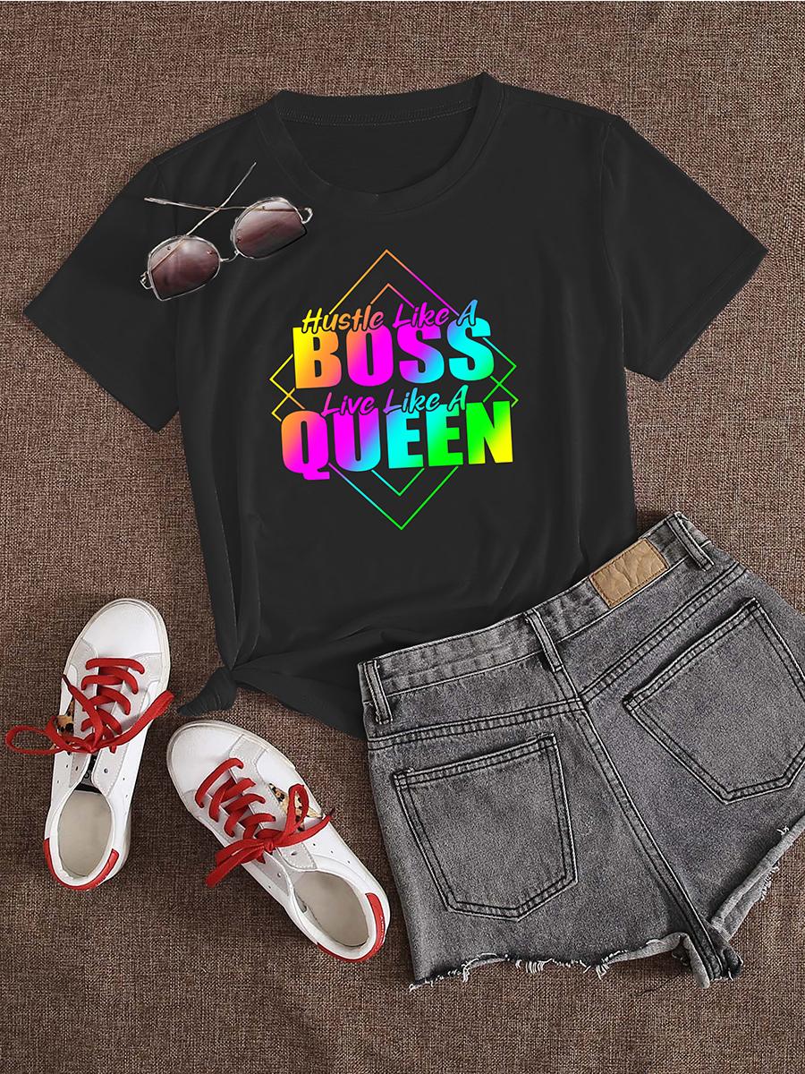 LW Plus Size Woman Clothes Gradient Queen Rainbow Letter Print Round Neck Short Sleeve Casual Black T-shirt