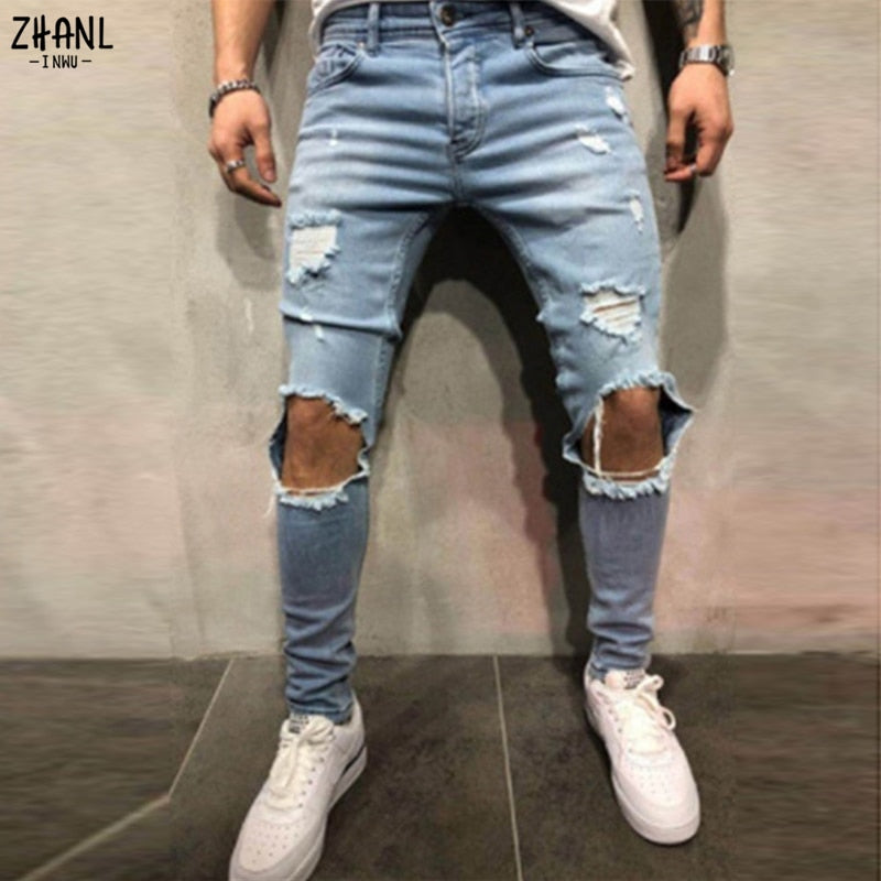 2023 New Mens Jeans Hip Hop White Moto Skinny Ripped Pure Color Elastic Denim Pants Male Casual Waistline Jogging Pencil Pants