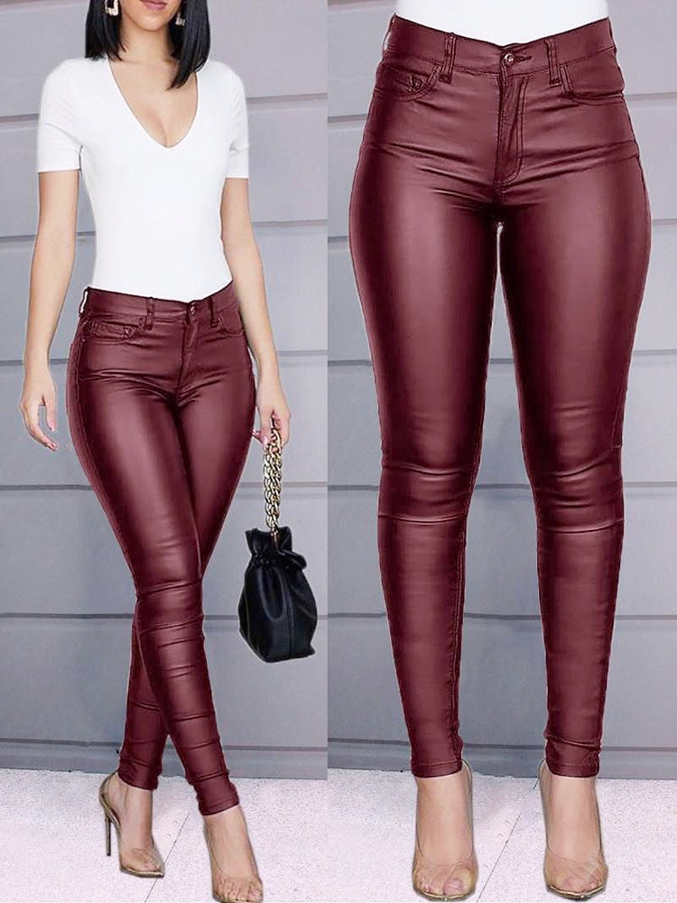 Summer Black Fake PU Leather Pant Women High Waist Elasticity Slim Push Up Casual Skinny Thin Pencil Trousers Ladies  oversized