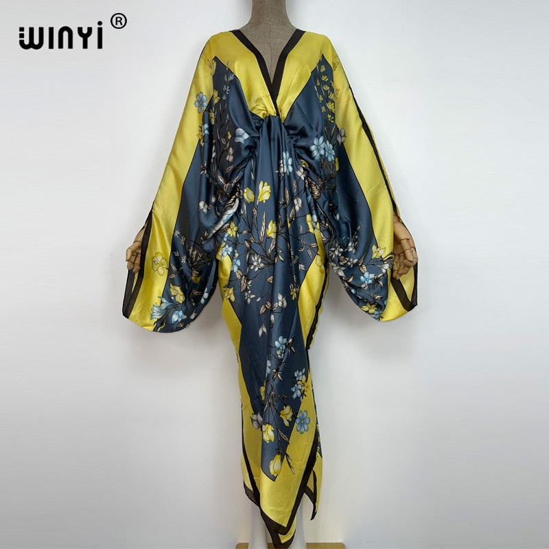 WINYI New Fashion Bohemian Deep V-neck Floral europea For Lady Free Size Loose Batwing Holiday Beach cover up Party Kaftan Dress