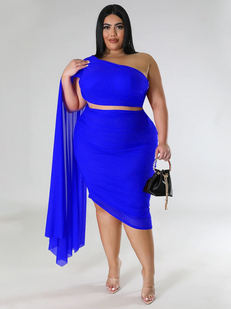 Wmstar Plus Size  New In Matching Sets Two Piece Outfits Summer Single Sleeve Crop Top and Skirts  Sexy Wholesale Dropshipping