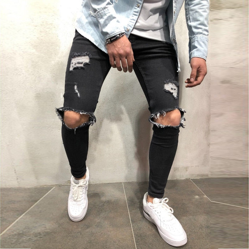 2023 New Mens Jeans Hip Hop White Moto Skinny Ripped Pure Color Elastic Denim Pants Male Casual Waistline Jogging Pencil Pants