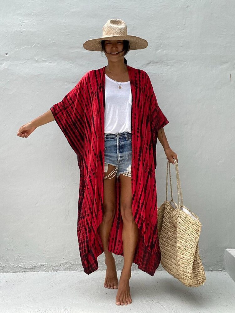 Summer Beach Cover Ups Vintage Printed Belted Kimono Swimwear Long Cardigan Casual Loose Beachwear Outfits Swimsuit Covers Robe