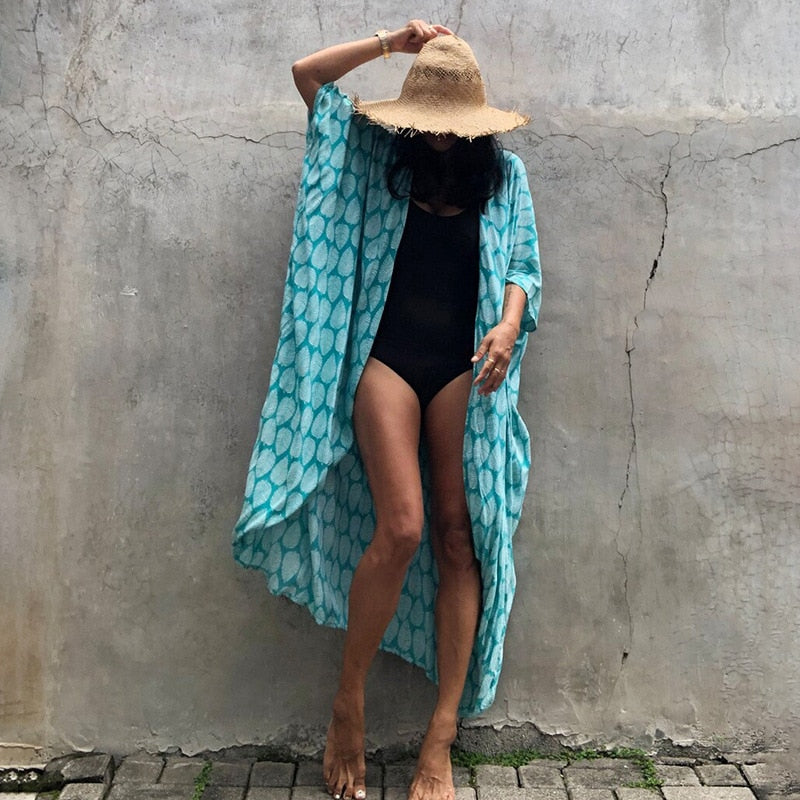 Summer Beach Cover Ups Vintage Printed Belted Kimono Swimwear Long Cardigan Casual Loose Beachwear Outfits Swimsuit Covers Robe