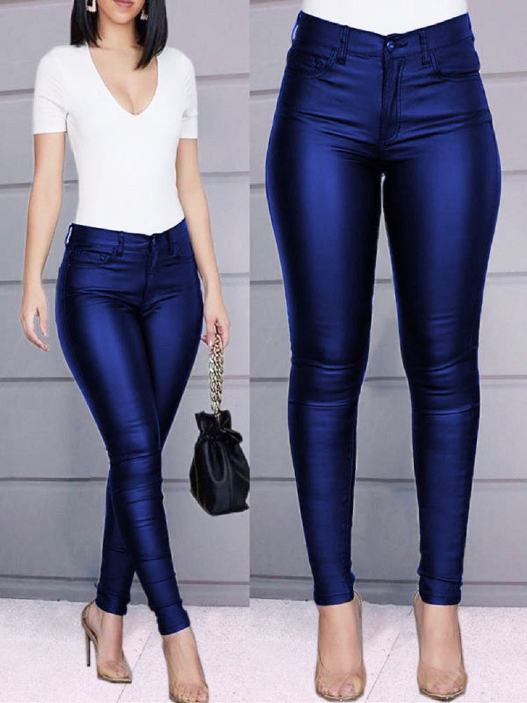 Summer Black Fake PU Leather Pant Women High Waist Elasticity Slim Push Up Casual Skinny Thin Pencil Trousers Ladies  oversized