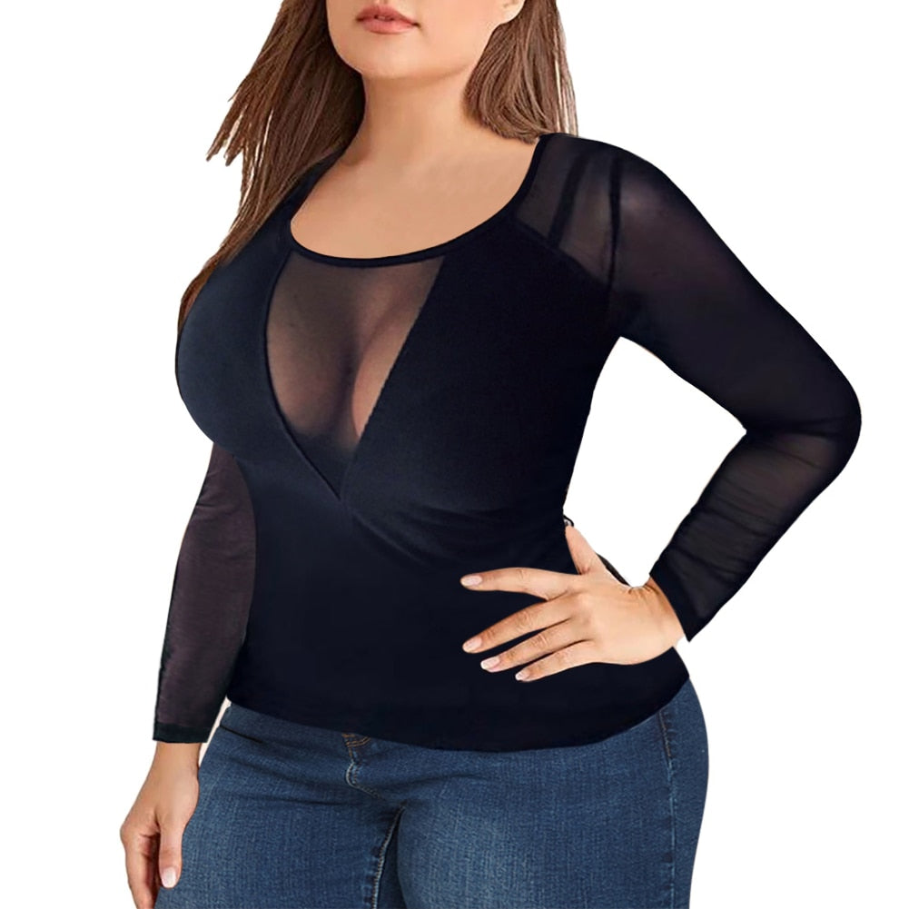 Sexy Mesh Clubwear Long Sleeve Shirt Women See Through Sheer Lightweight Patchwork Slim Tops Party Girl Street Basic Plus Size