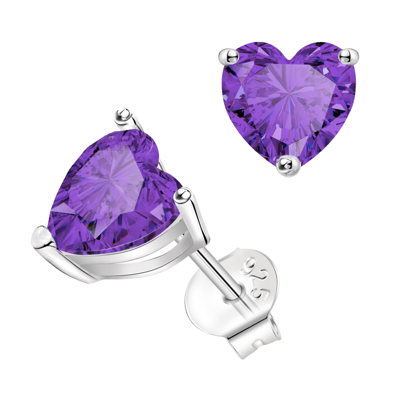 925 Sterling Silver 6MM Heart Cut Amethyst  Studs