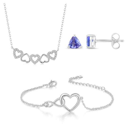 Sterling Silver Heart And Tanzanite Jewelry Bundle: Sterling Silver Heart Necklace, Tanzanite Gemstone Studs, Infinity Heart Bracelet