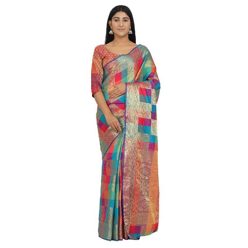 Silk Blended Saree Traditional Jacquard Design Work With Blouse Piece - India4Local - bongfooodie
